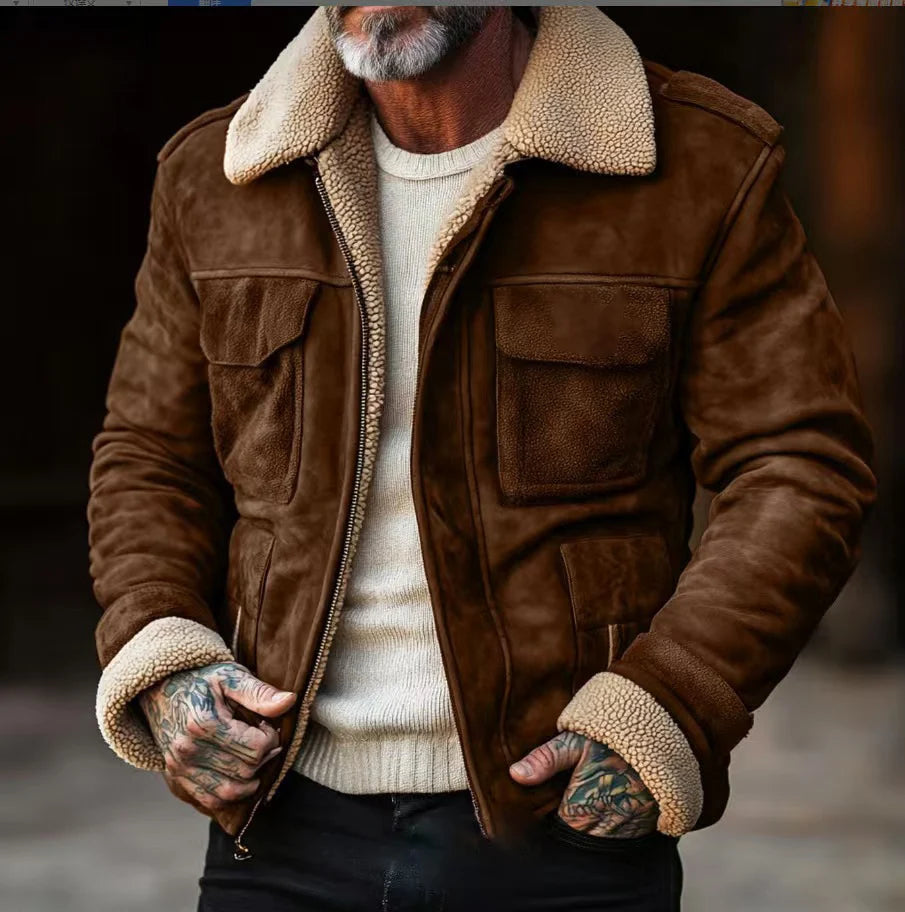 Aviator Jacket Suede-Look Teddy-Lined With Flap Pockets