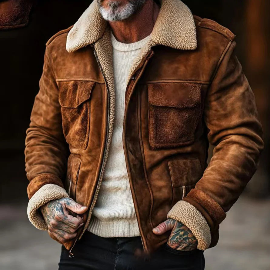 Aviator Jacket Suede-Look Teddy-Lined With Flap Pockets