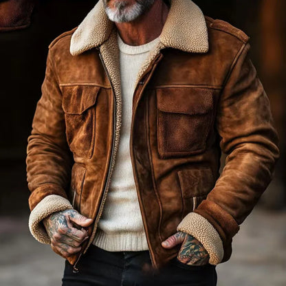 Aviator Jacket Suede-Look Teddy-Lined With Flap Pockets