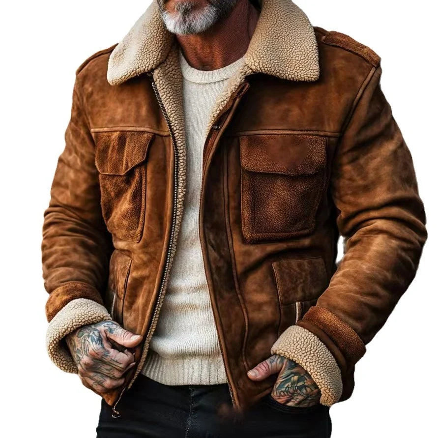Aviator Jacket Suede-Look Teddy-Lined With Flap Pockets