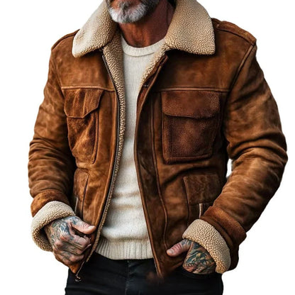 Aviator Jacket Suede-Look Teddy-Lined With Flap Pockets