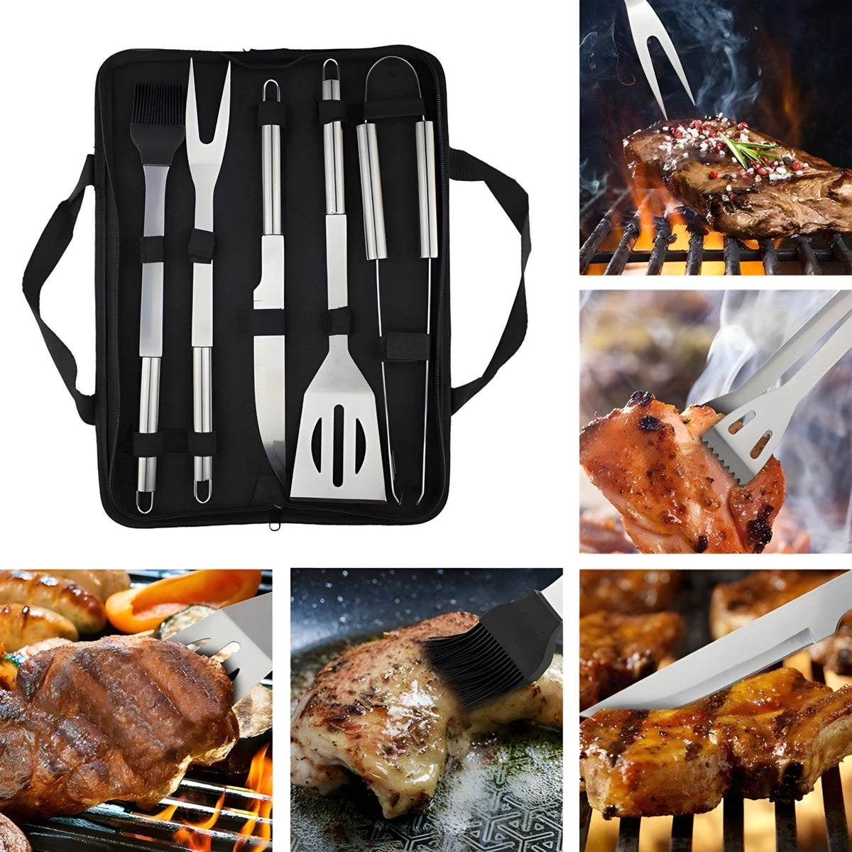 BBQ Utensil Set Stainless Steel Non-Slip Handles & Carrying Bag