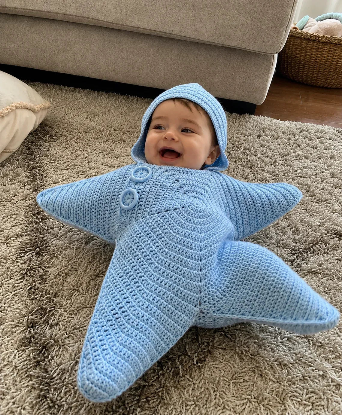 Baby Blanket Crocheted Cotton Hooded Star Shape With Button Closure