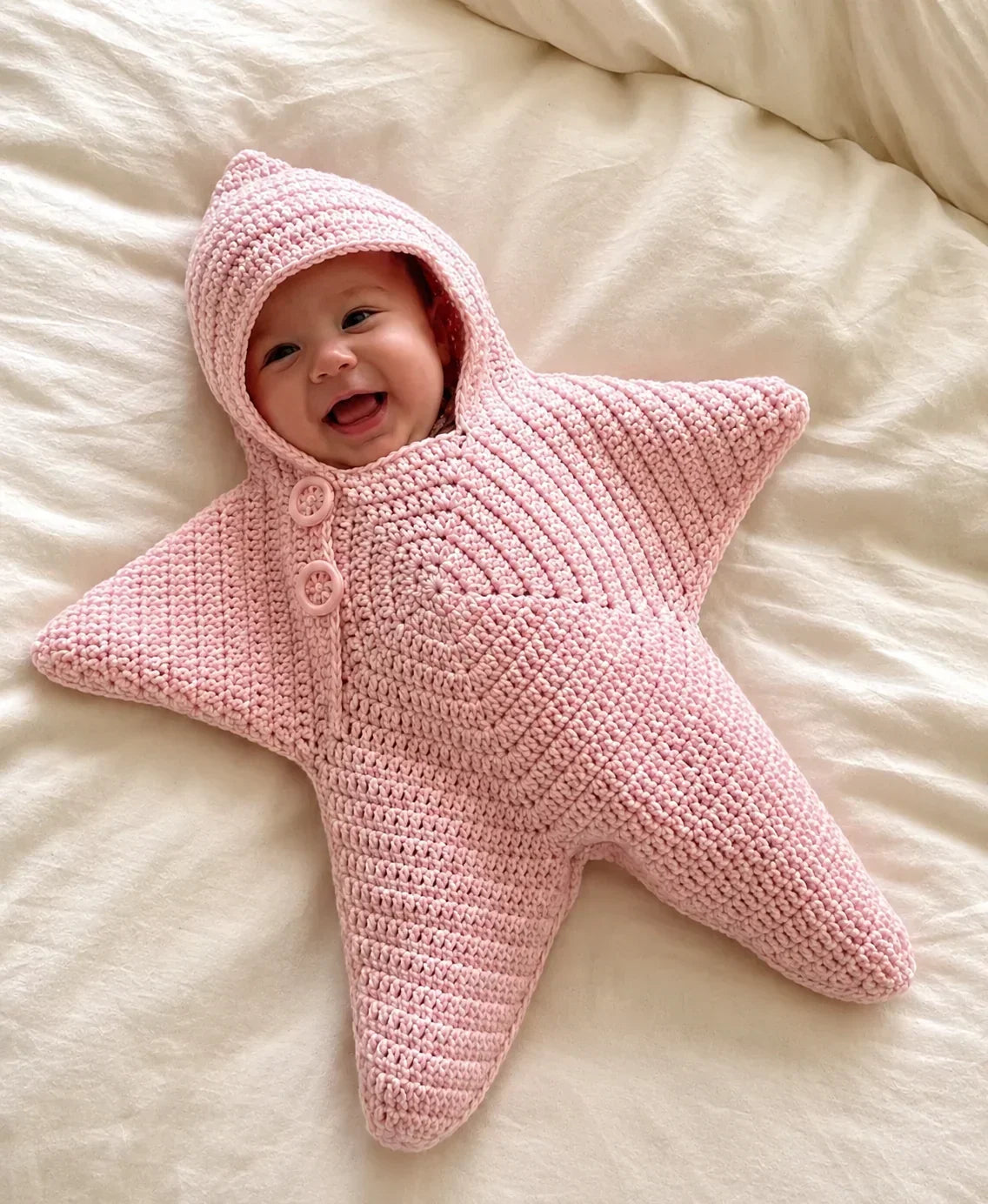 Baby Blanket Crocheted Cotton Hooded Star Shape With Button Closure