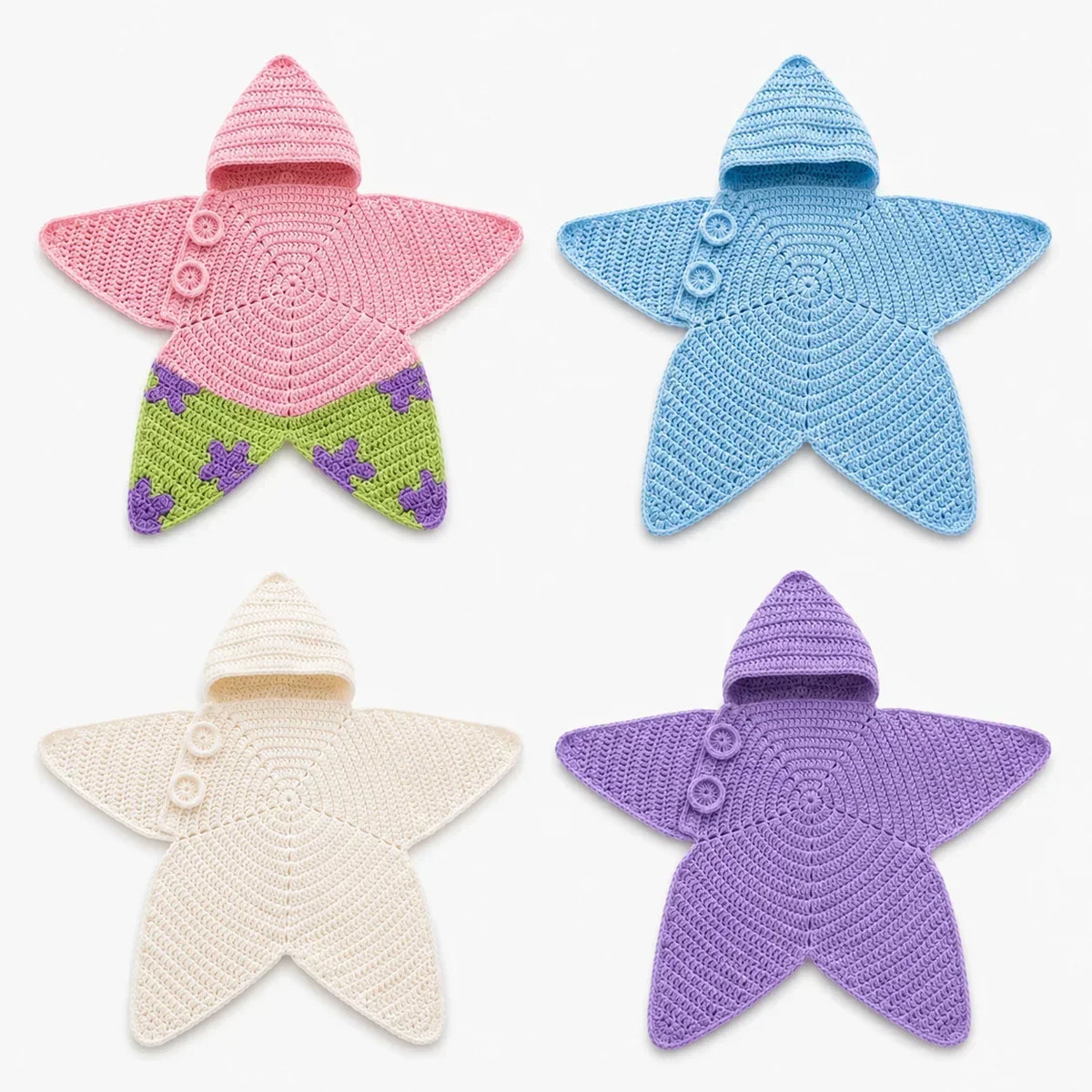 Baby Blanket Crocheted Cotton Hooded Star Shape With Button Closure