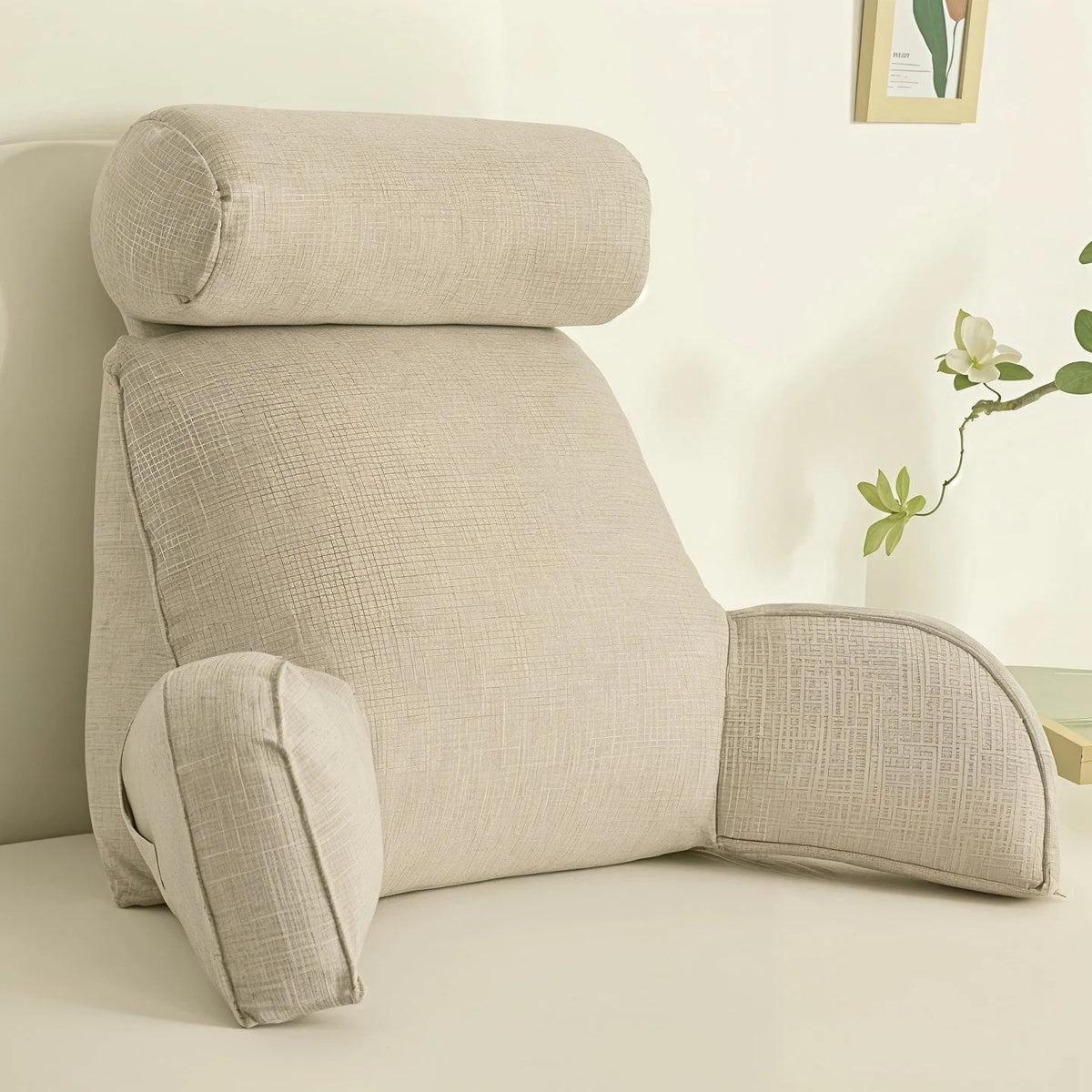 Back Support Cushion Adjustable Headrest Removable Cotton Cover Side Pocket