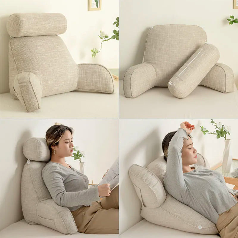 Back Support Cushion Adjustable Headrest Removable Cotton Cover Side Pocket
