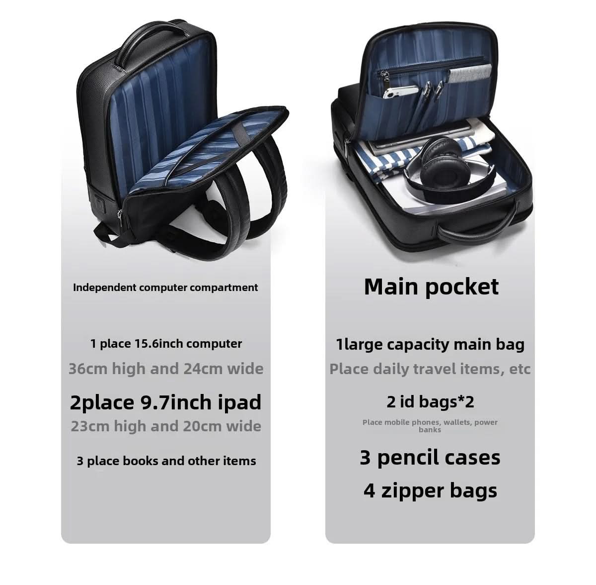 Backpack PU Leather USB Charging 15.6-Inch Laptop