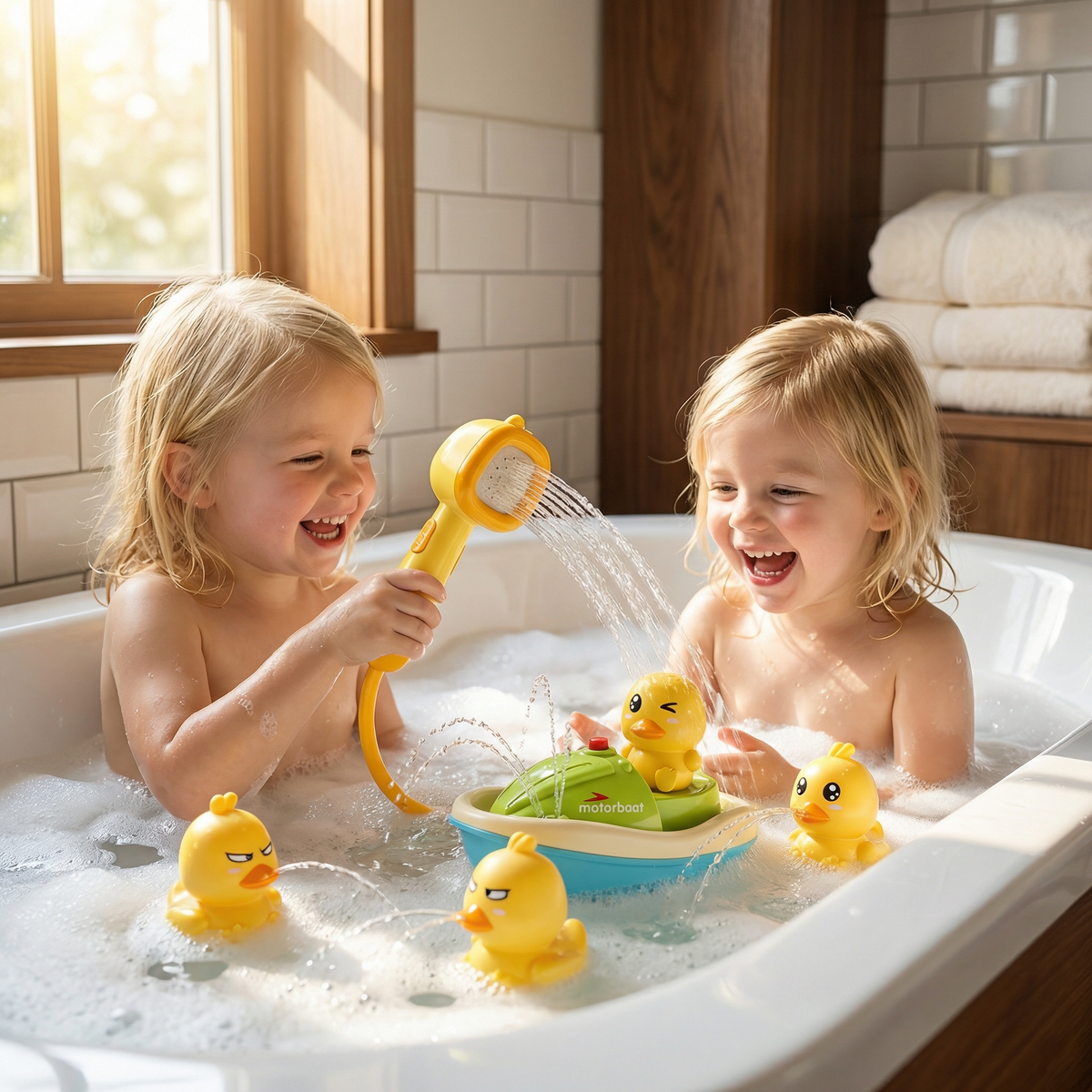 Bath Boat Motorized Shower Head With Squirting Ducks