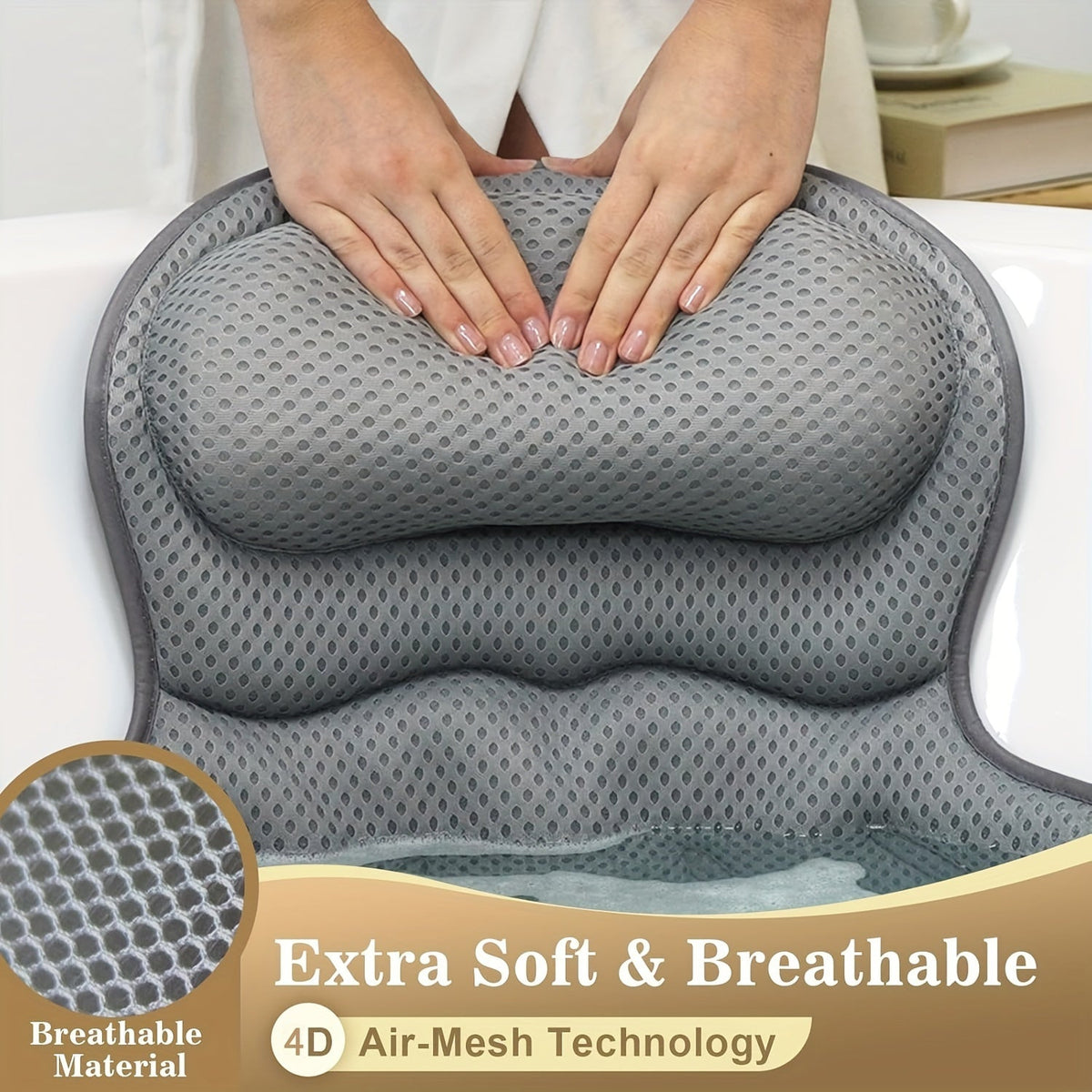Bath Pillow Ergonomic Neck Support 6 Non-Slip Suction Cups