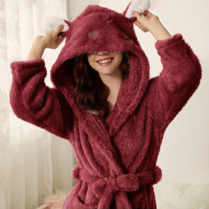 Bathrobe Soft Flannel Hood With Ears Tie Belt