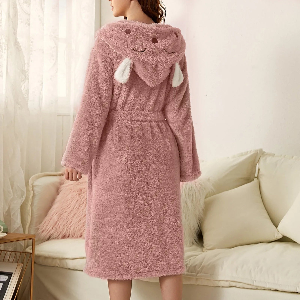 Bathrobe Soft Flannel Hood With Ears Tie Belt