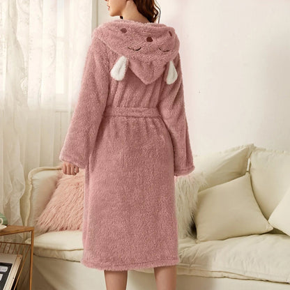 Bathrobe Soft Flannel Hood With Ears Tie Belt