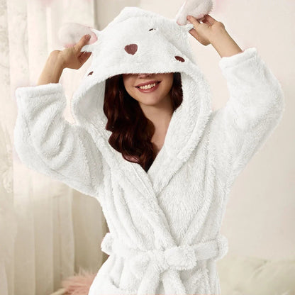 Bathrobe Soft Flannel Hood With Ears Tie Belt