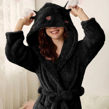 Bathrobe Soft Flannel Hood With Ears Tie Belt