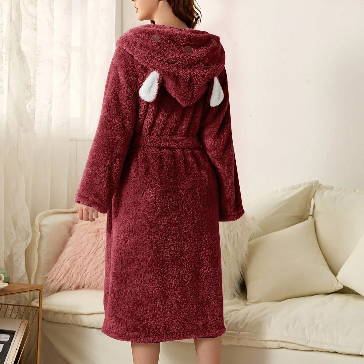 Bathrobe Soft Flannel Hood With Ears Tie Belt