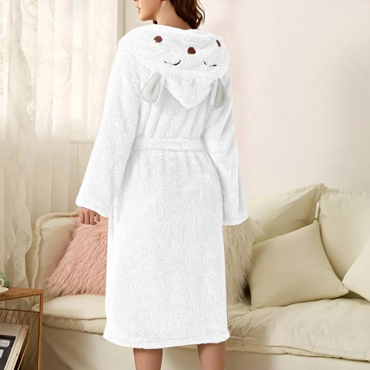 Bathrobe Soft Flannel Hood With Ears Tie Belt