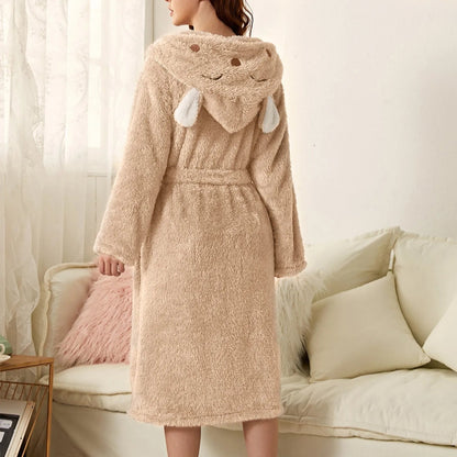 Bathrobe Soft Flannel Hood With Ears Tie Belt