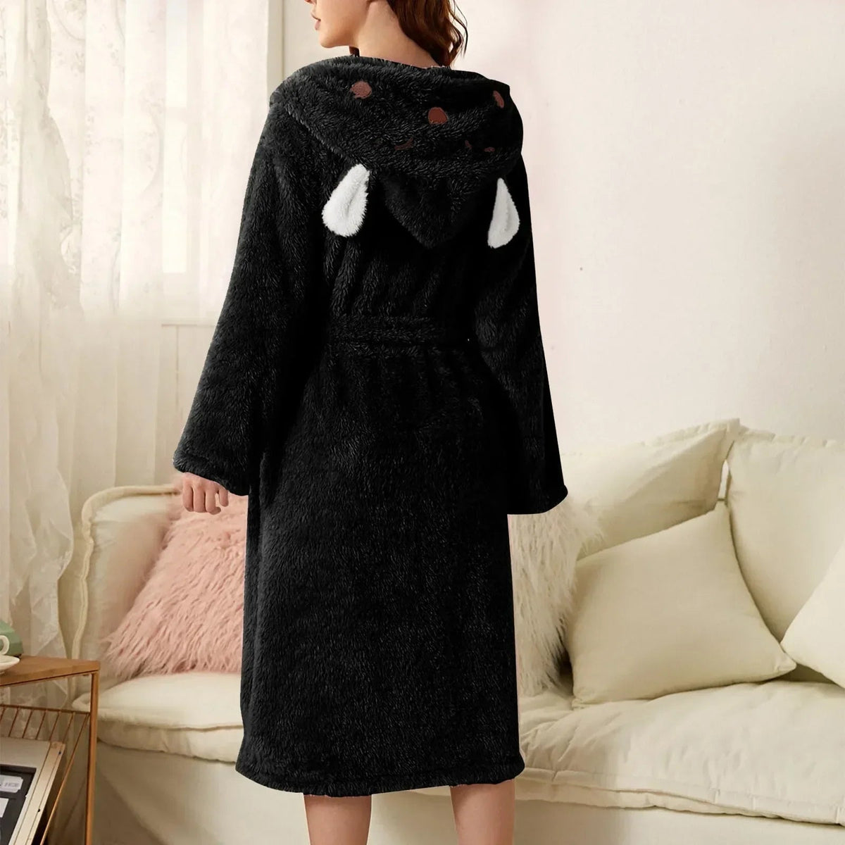 Bathrobe Soft Flannel Hood With Ears Tie Belt