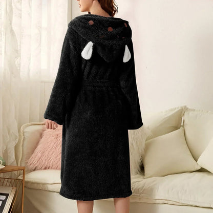 Bathrobe Soft Flannel Hood With Ears Tie Belt