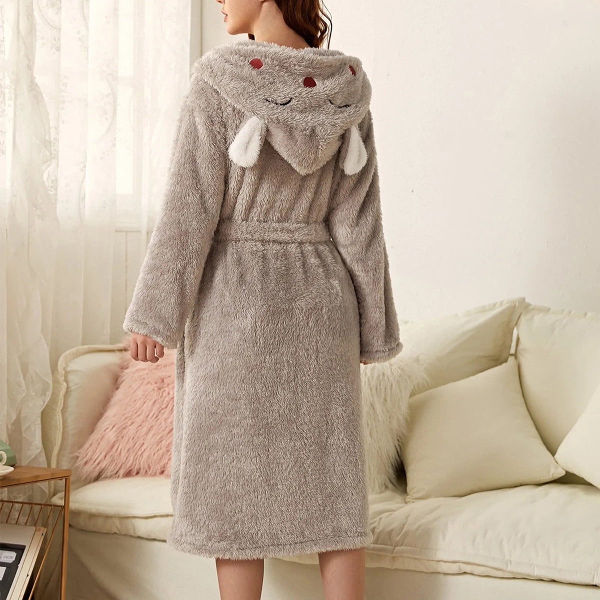 Bathrobe Soft Flannel Hood With Ears Tie Belt
