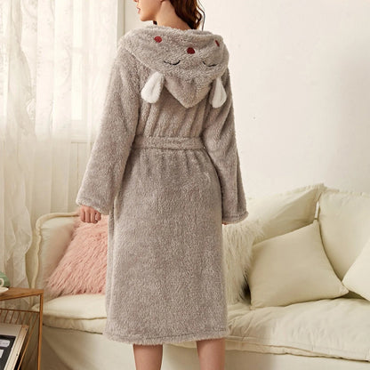 Bathrobe Soft Flannel Hood With Ears Tie Belt