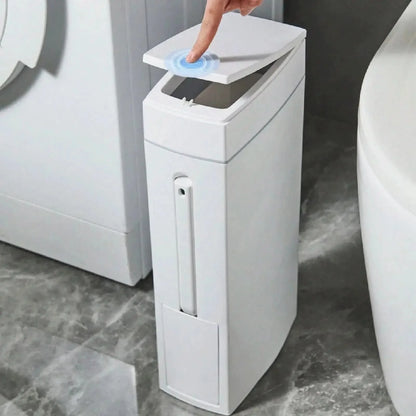 Bathroom Trash Bin Slim Space-Saving Hidden Brush