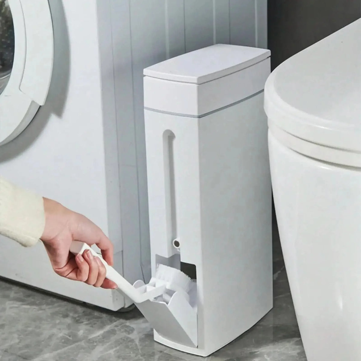 Bathroom Trash Bin Slim Space-Saving Hidden Brush