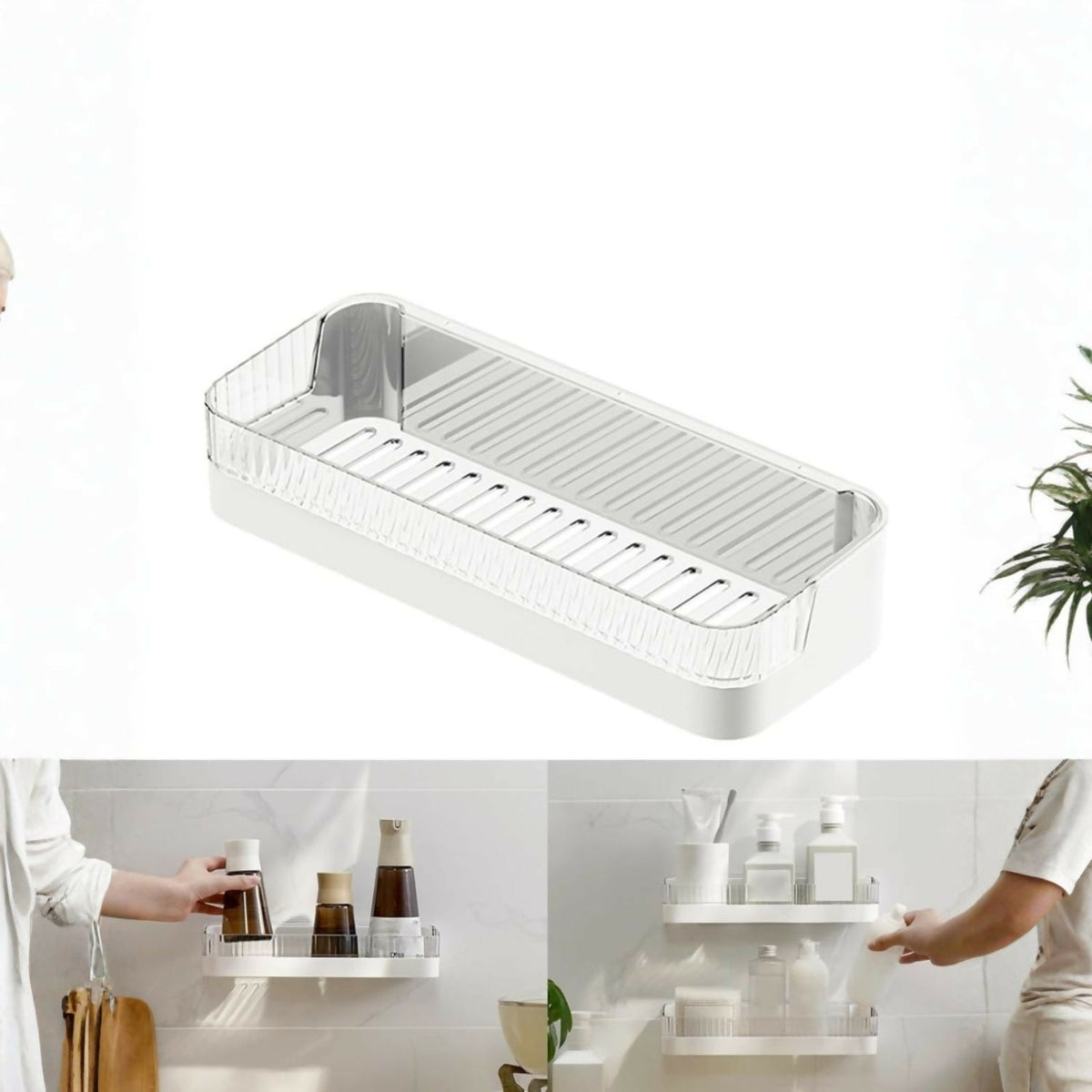 Bathroom Wall Shelf Drill-Free Mount Slotted Drain Raised Edges