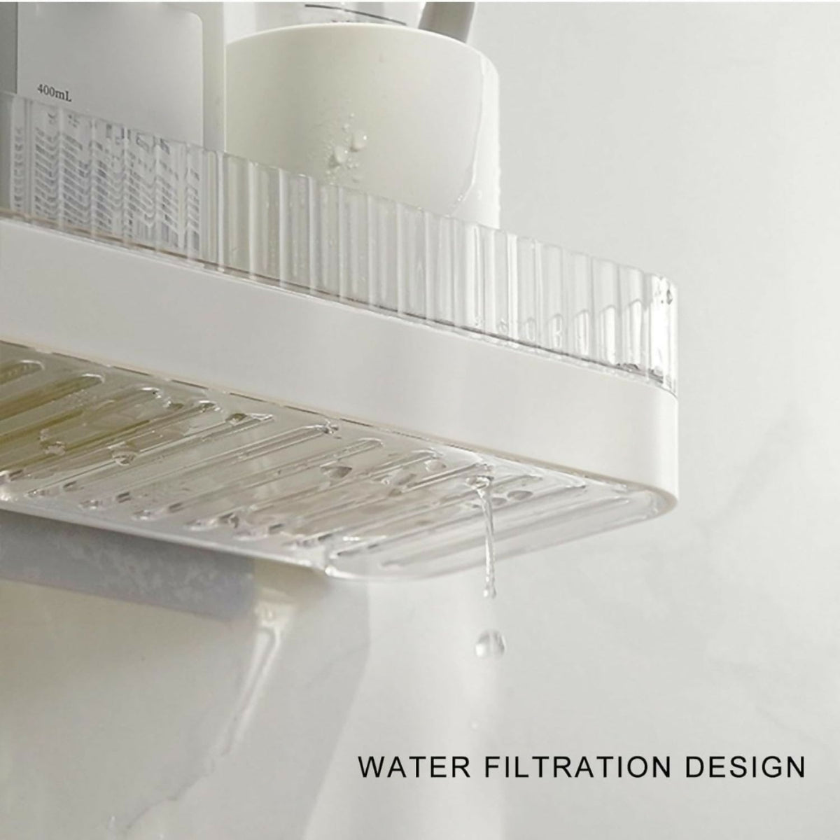 Bathroom Wall Shelf Drill-Free Mount Slotted Drain Raised Edges