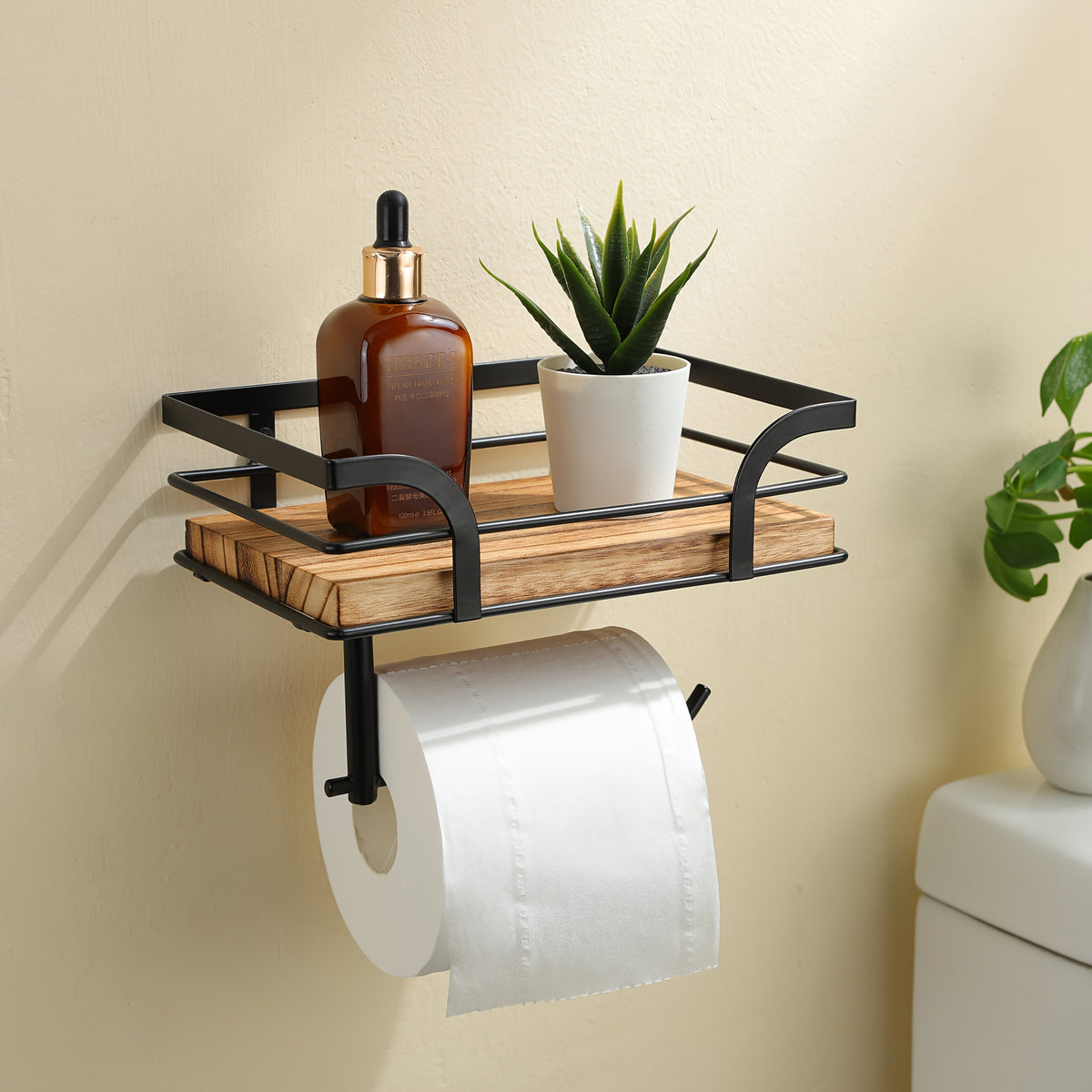 Bathroom Wall Shelf Metal & Wood Toilet Paper Holder