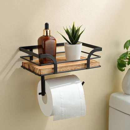 Bathroom Wall Shelf Metal & Wood Toilet Paper Holder