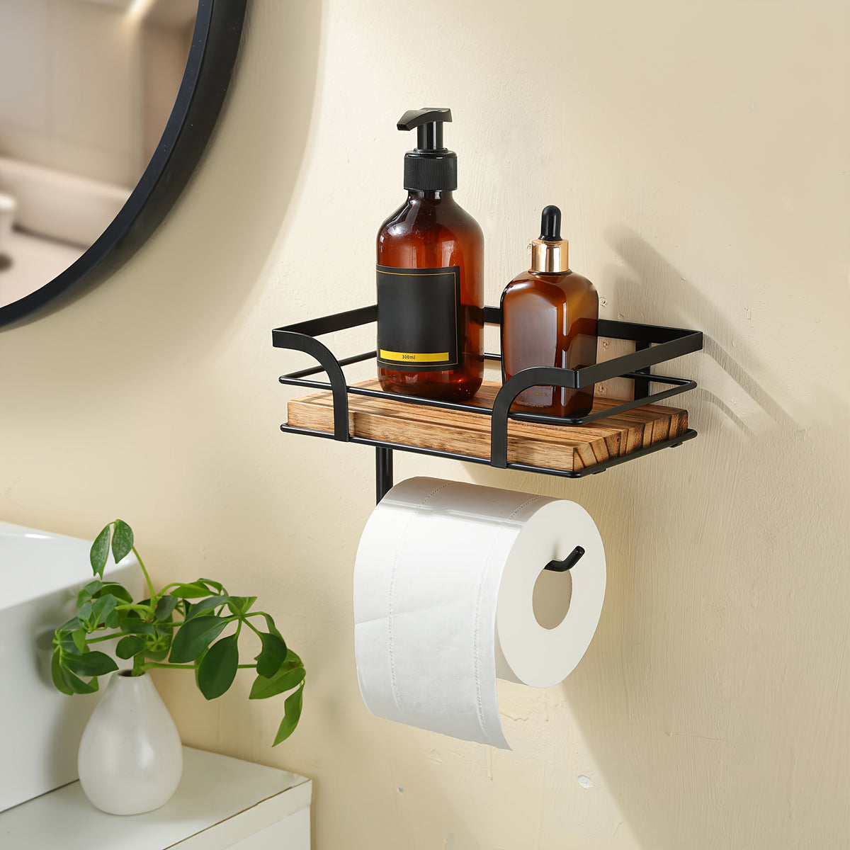 Bathroom Wall Shelf Metal & Wood Toilet Paper Holder