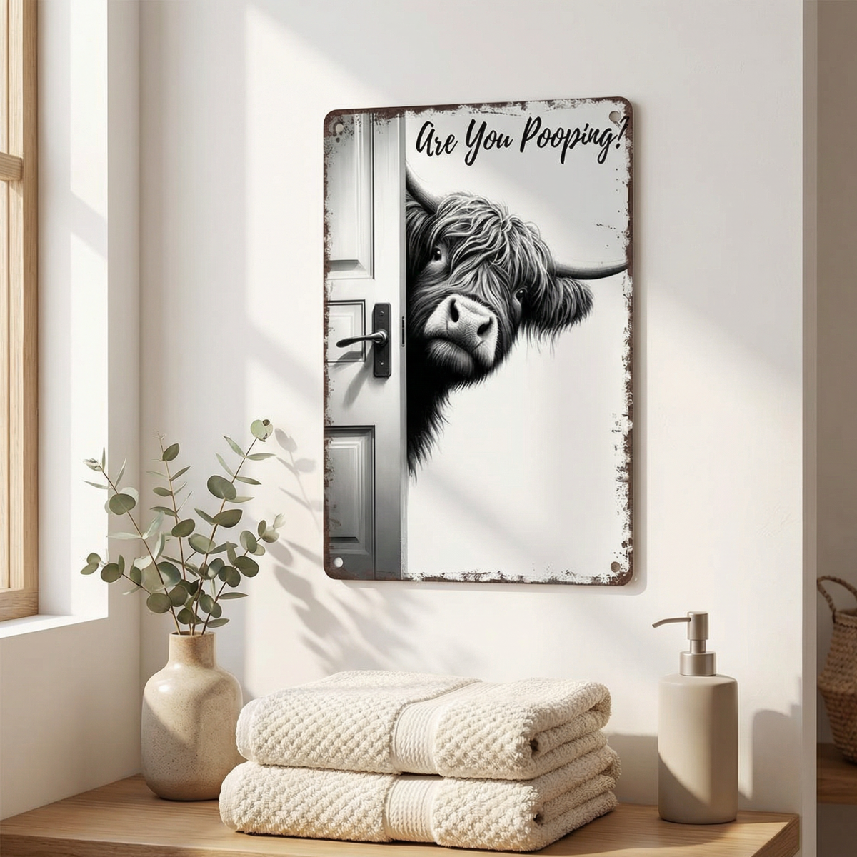 Bathroom Wall Sign Humorous Animal Vintage Metal Pre Punched Holes