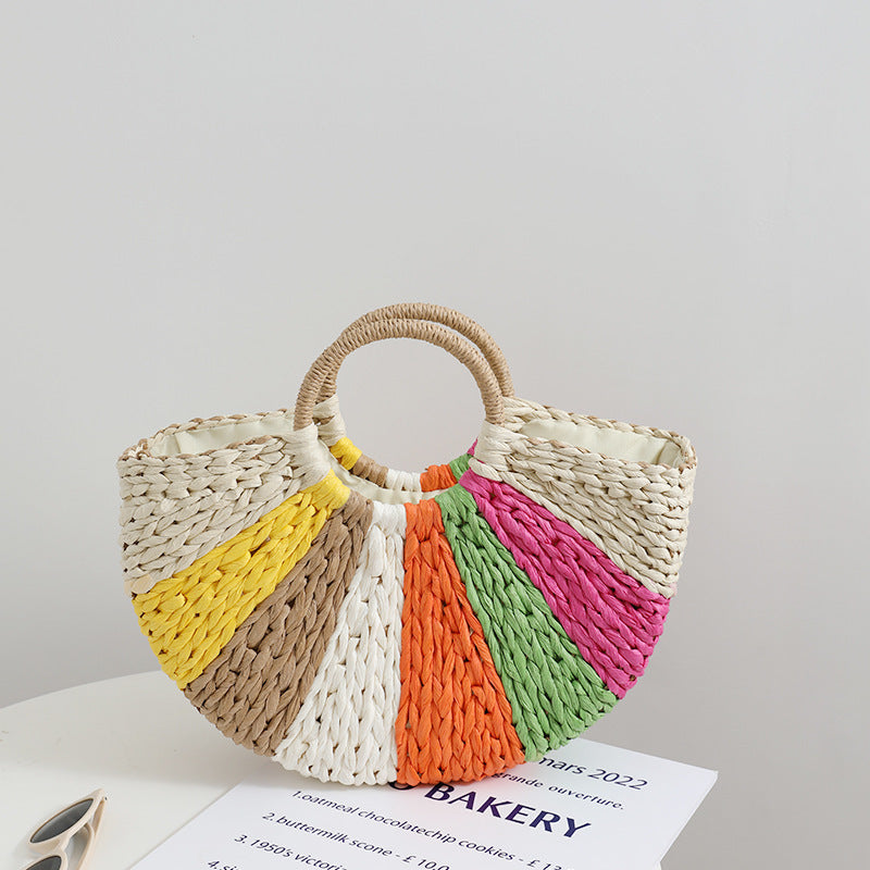 Beach Bag Braided Rainbow Stripes & Reinforced Handles