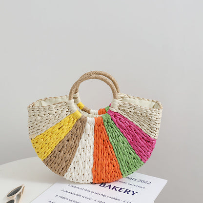 Beach Bag Braided Rainbow Stripes & Reinforced Handles
