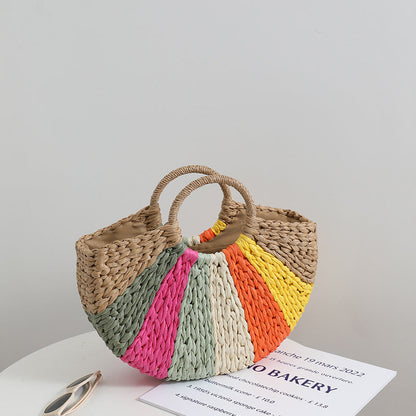 Beach Bag Braided Rainbow Stripes & Reinforced Handles