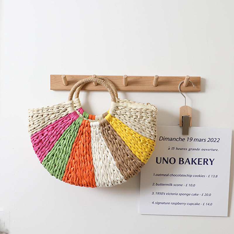 Beach Bag Braided Rainbow Stripes & Reinforced Handles