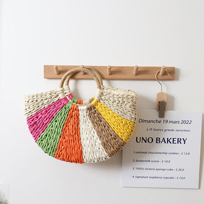 Beach Bag Braided Rainbow Stripes & Reinforced Handles