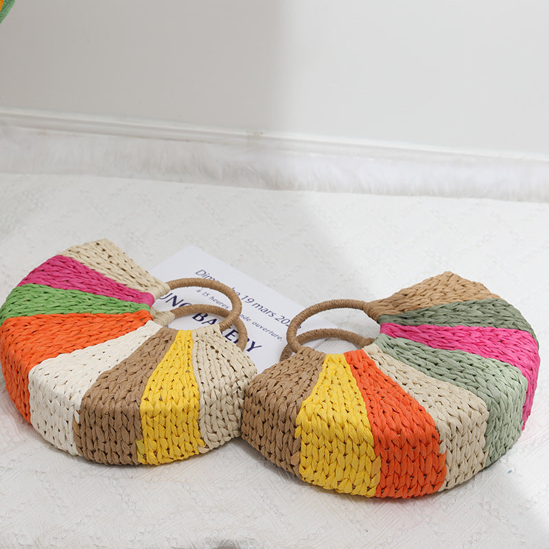 Beach Bag Braided Rainbow Stripes & Reinforced Handles