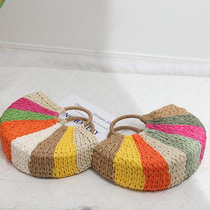 Beach Bag Braided Rainbow Stripes & Reinforced Handles