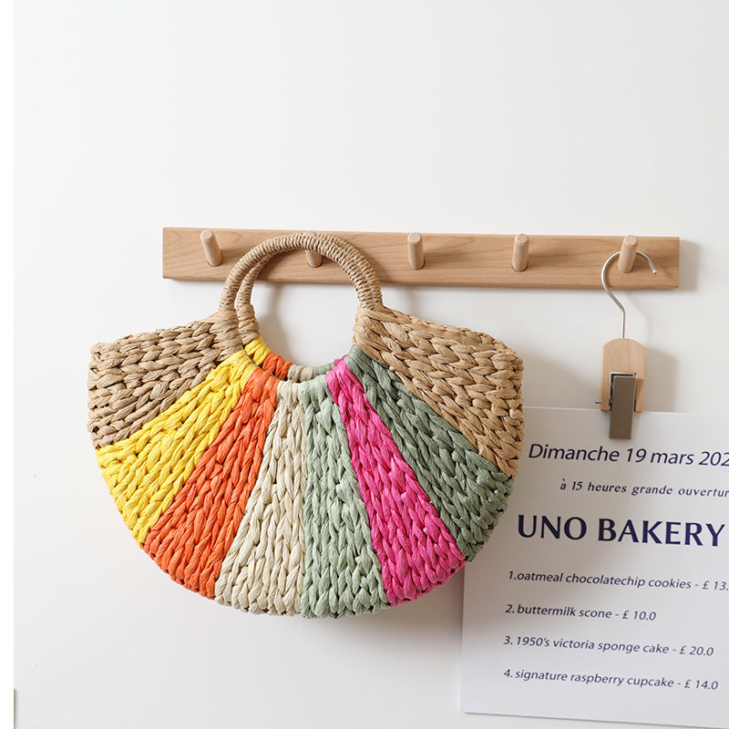 Beach Bag Braided Rainbow Stripes & Reinforced Handles