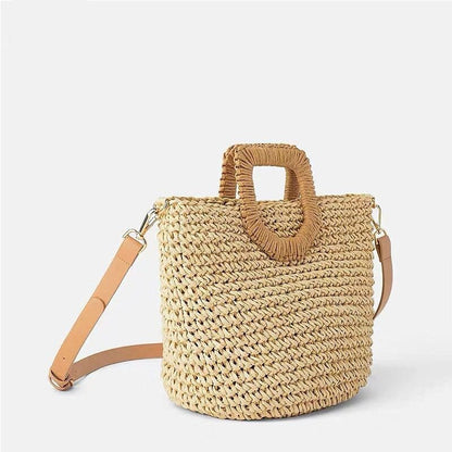 Beach Bag Handwoven Straw Herringbone Detachable Leather Strap