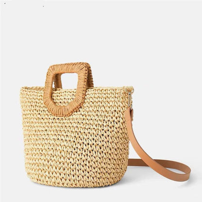 Beach Bag Handwoven Straw Herringbone Detachable Leather Strap