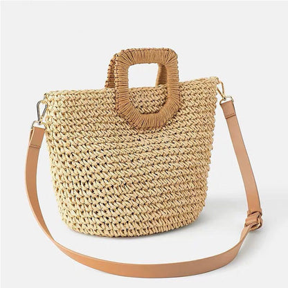 Beach Bag Handwoven Straw Herringbone Detachable Leather Strap