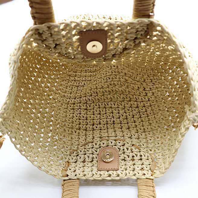Beach Bag Handwoven Straw Herringbone Detachable Leather Strap