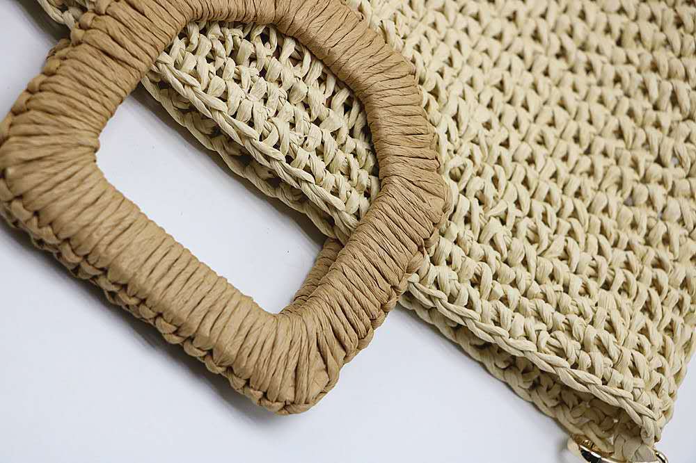 Beach Bag Handwoven Straw Herringbone Detachable Leather Strap