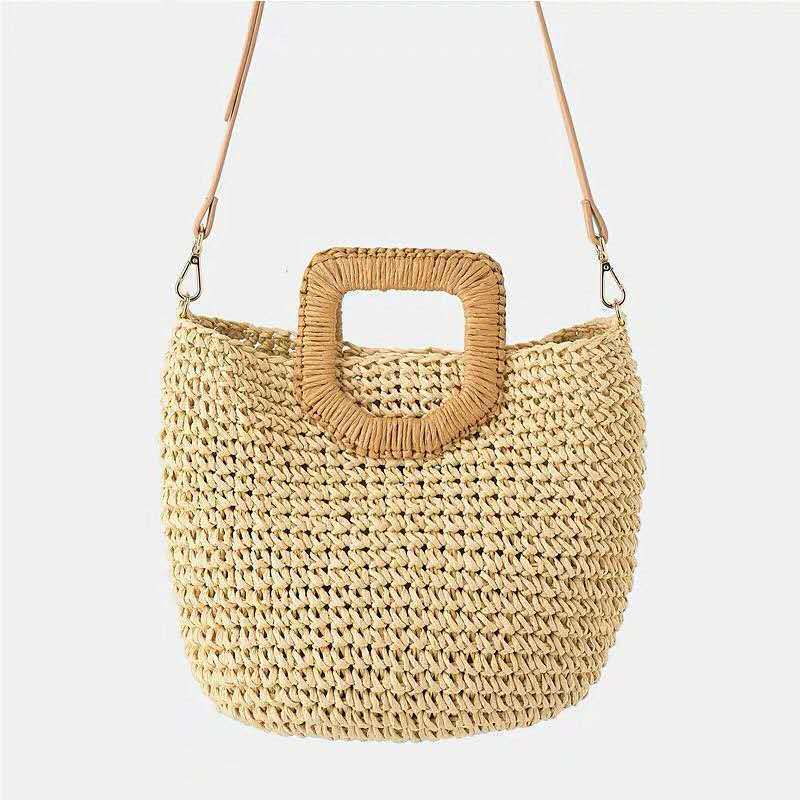 Beach Bag Handwoven Straw Herringbone Detachable Leather Strap