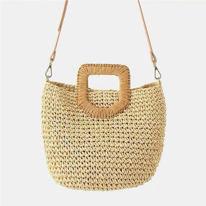 Beach Bag Handwoven Straw Herringbone Detachable Leather Strap