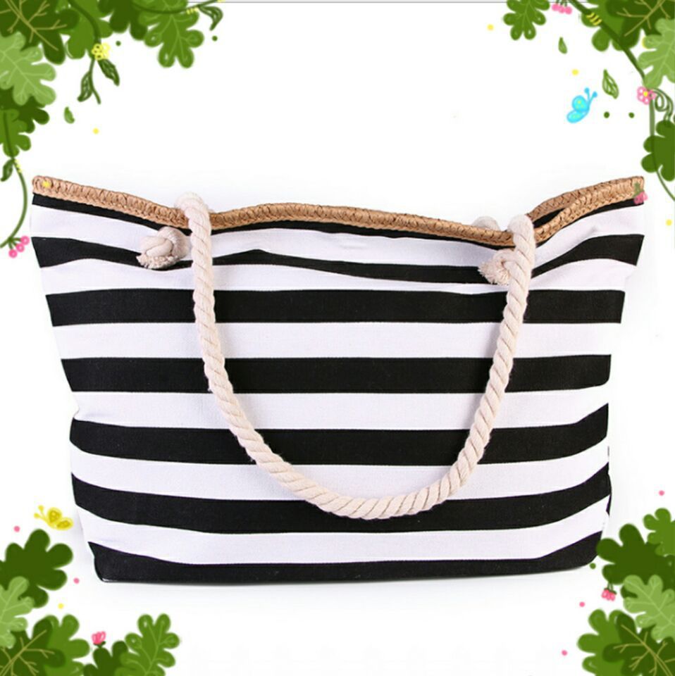 Beach Bag Striped Spacious Rope Handles